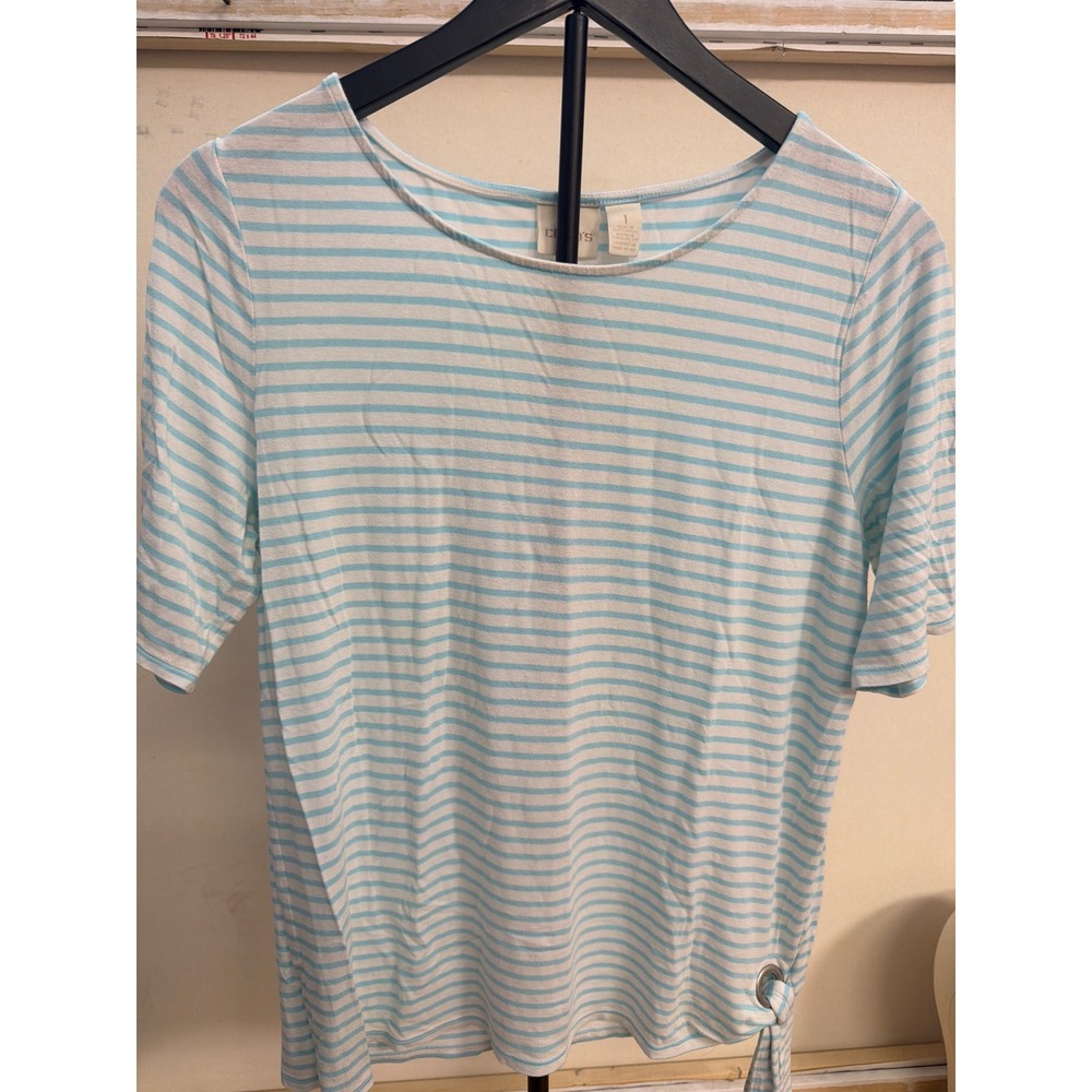 Chico's Blue White Striped Grommet Side Tie Short Sleeve Top Size 1 Medium